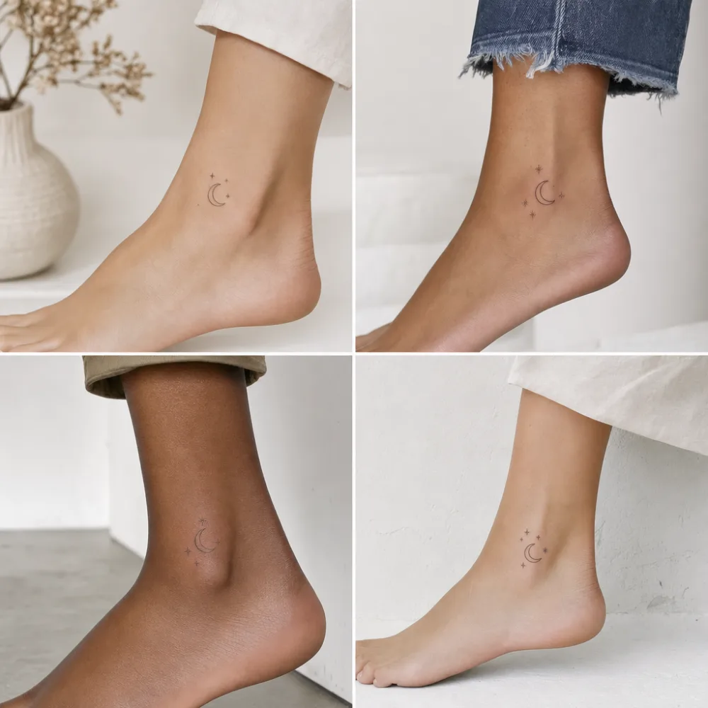 Crescent moon and scattered stars tattoo in thin linework, ankle