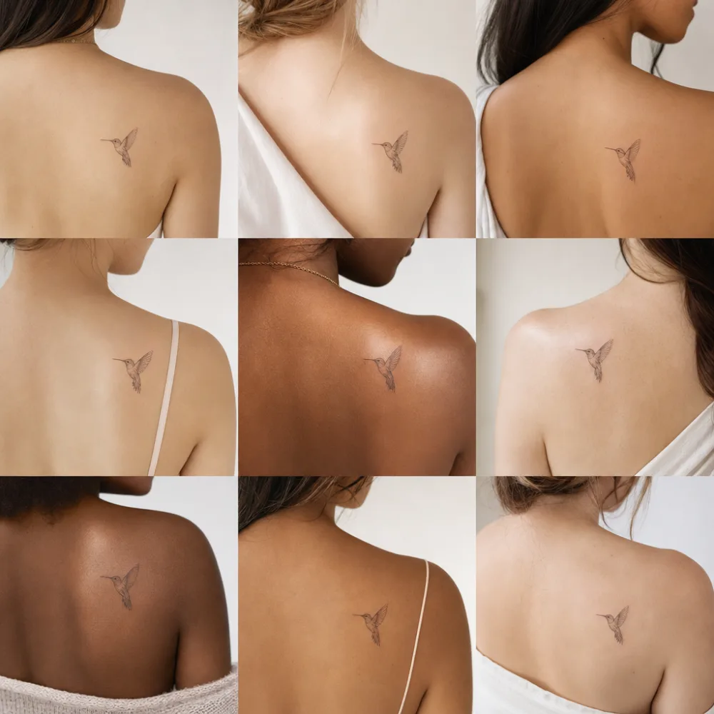 Fine line hummingbird tattoo in flight, shoulder blade