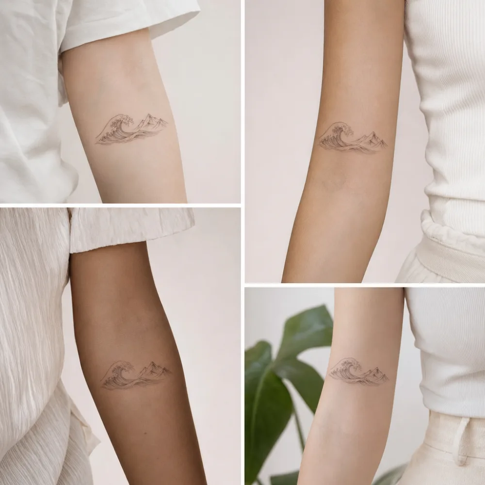 Continuous-line wave and mountain range tattoo, inner bicep