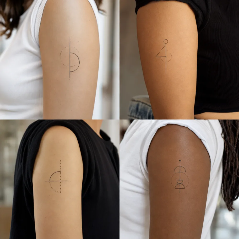 Minimal geometric tattoo — interlocking thin-line triangles, upper arm