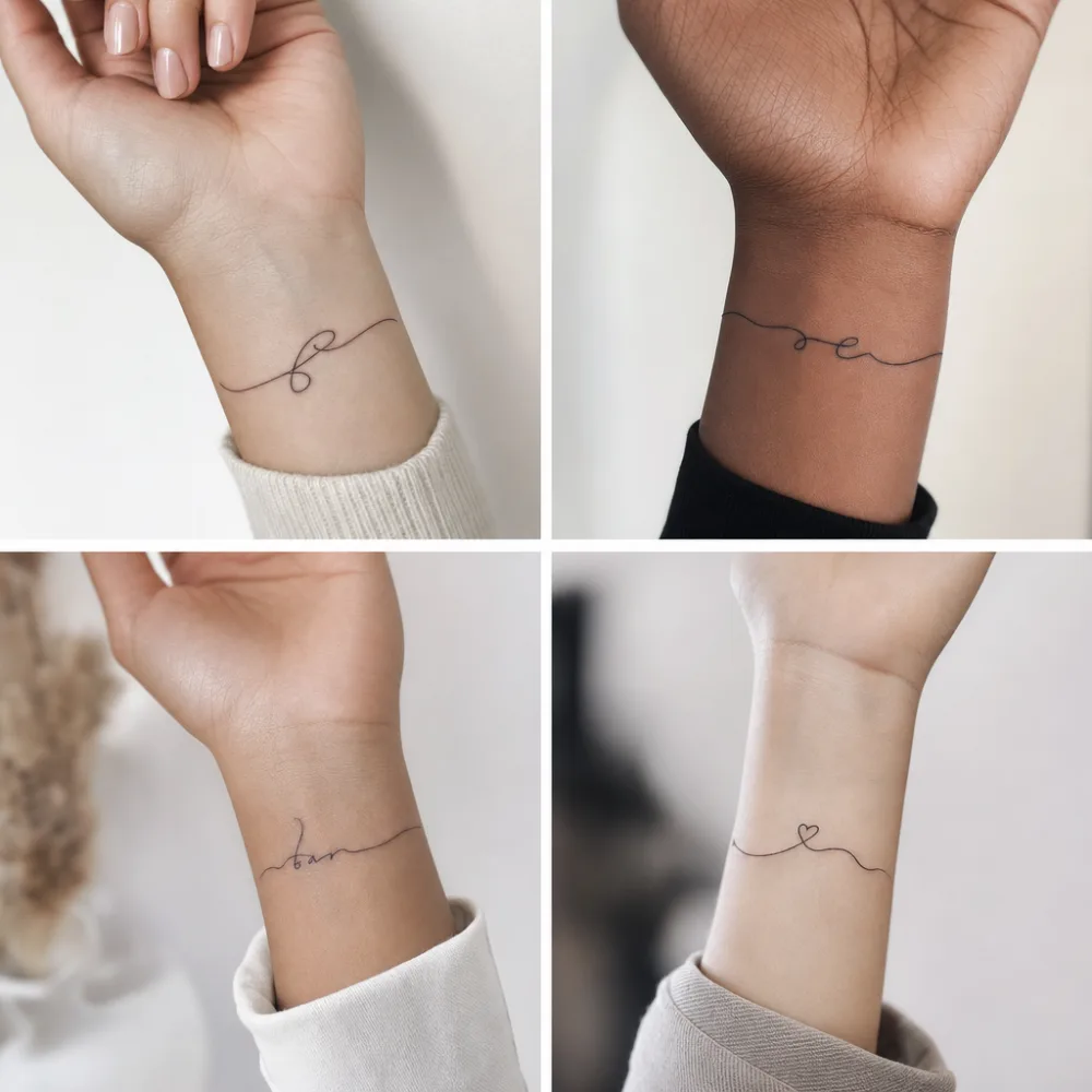 Single-needle script tattoo — a short handwritten phrase along the collarbone